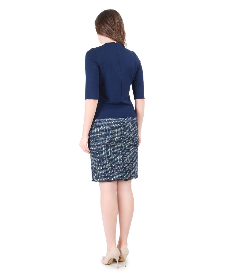 Elegant blouse with bow on decolletage and skirt with multi-color loops