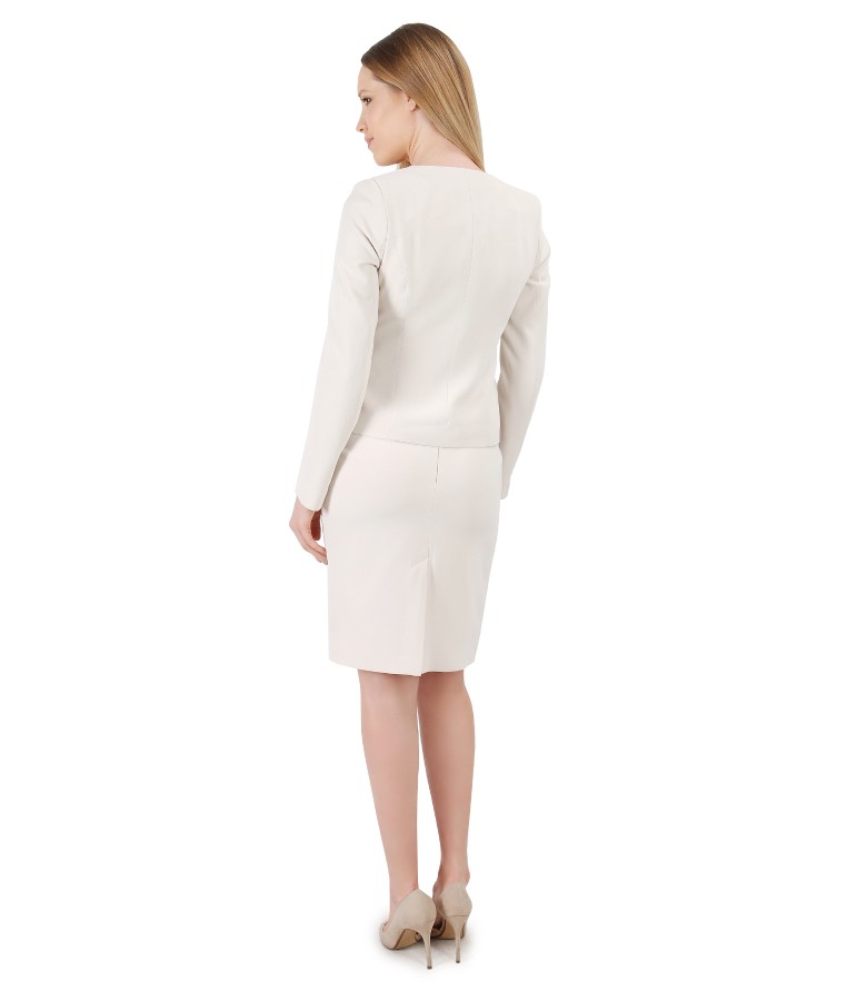 Women elegant suit with jacket with brooch on the pocket and pencil skirt