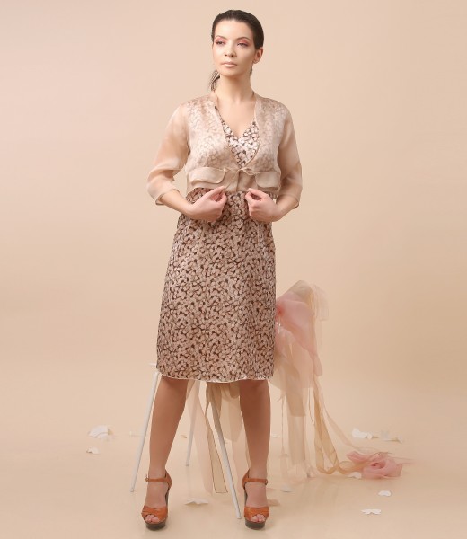 Elegant outfit with silk dress and bolero with 3/4 sleeves