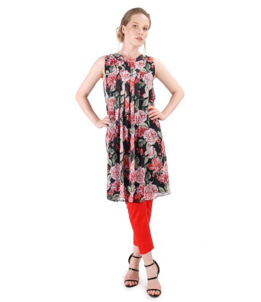 Veil dress with floral print and ankle pants