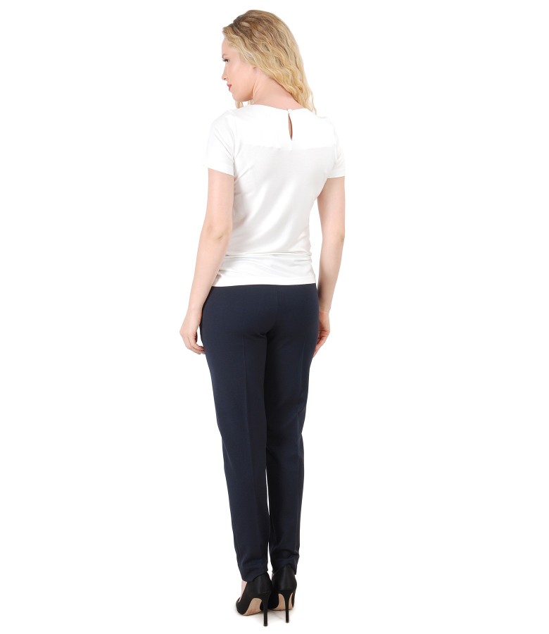 Elastic fabric pants with blouse with bow on decolletage