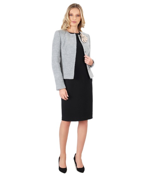 Elegant outfit with elastic jersey dress and jacket made of wool and alpaca loops