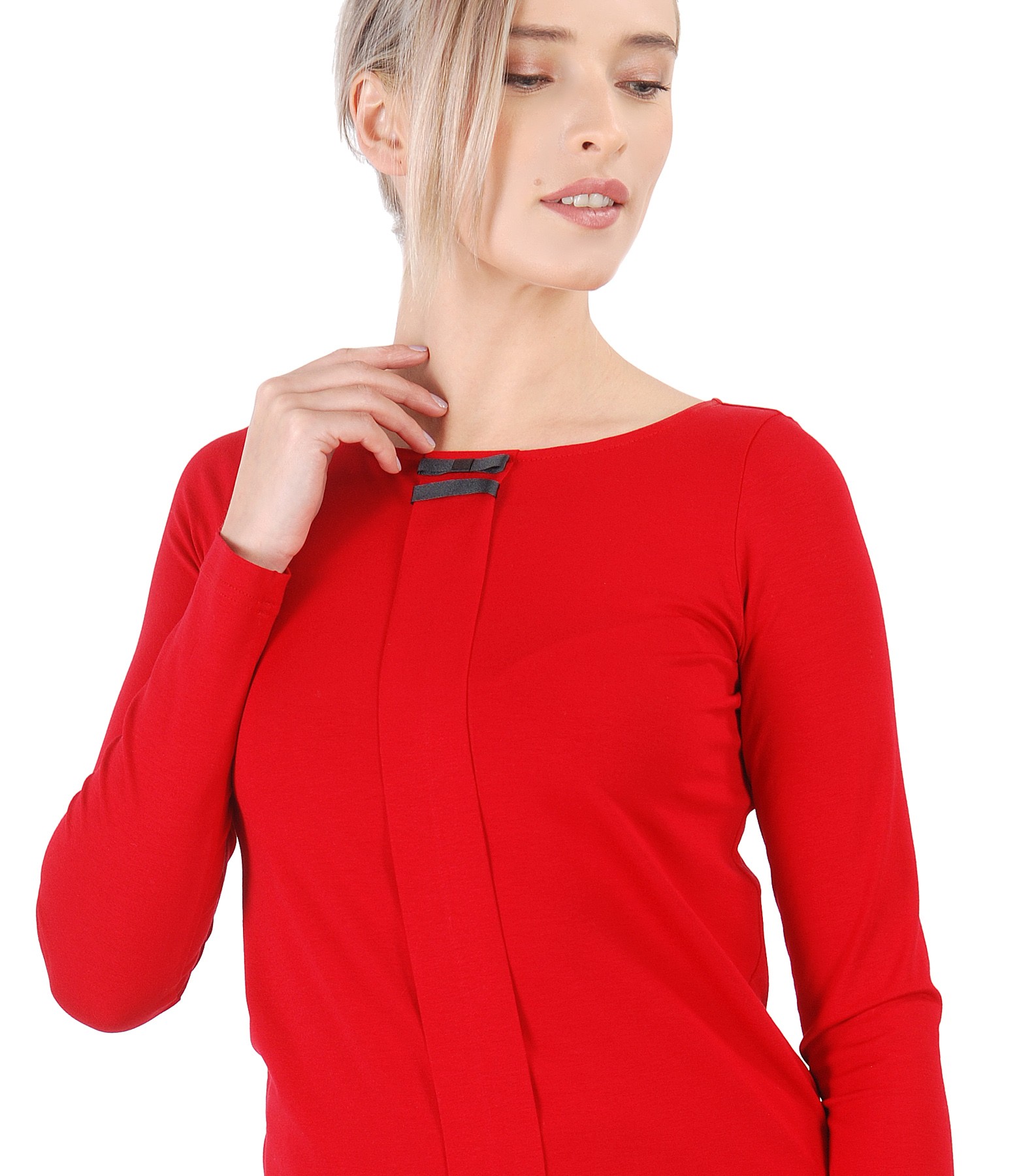 Blouse with long sleeve and rips band on decolletage red - YOKKO