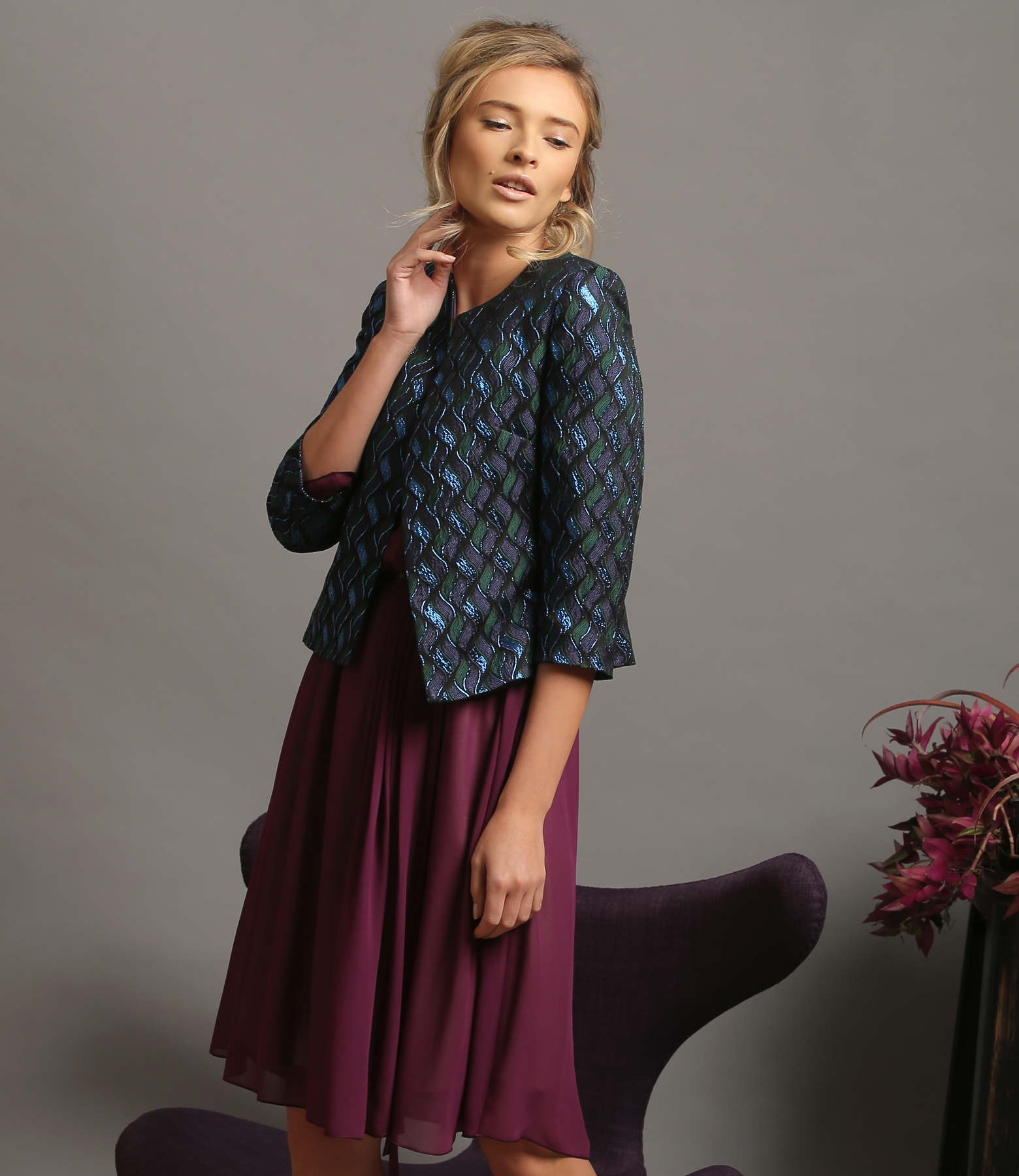 Elegant outfit with veil dress and brocade jacket