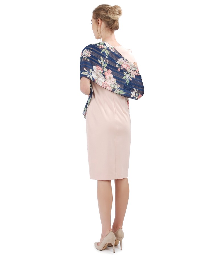 Elegant outfit with midi elastic jersey dress and printed veil scarf