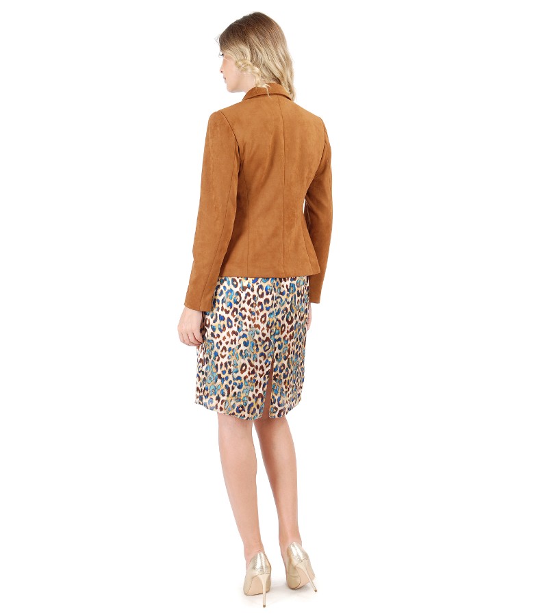 Fabric jacket with velvet look and printed silk dress