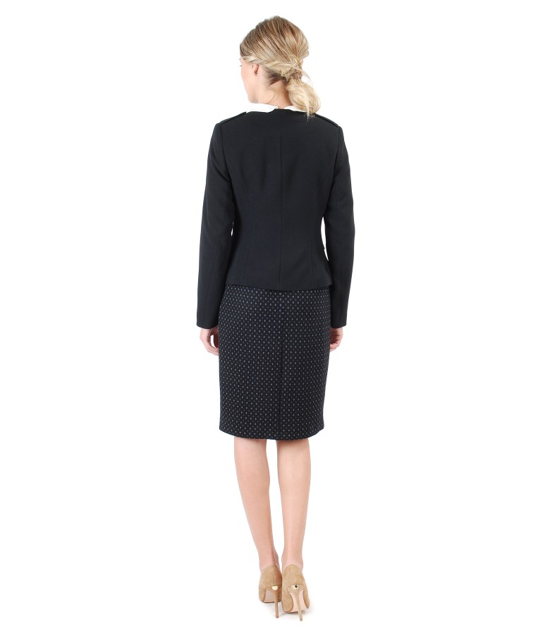 Office outfit with elastic fabric jacket and dress with round collar