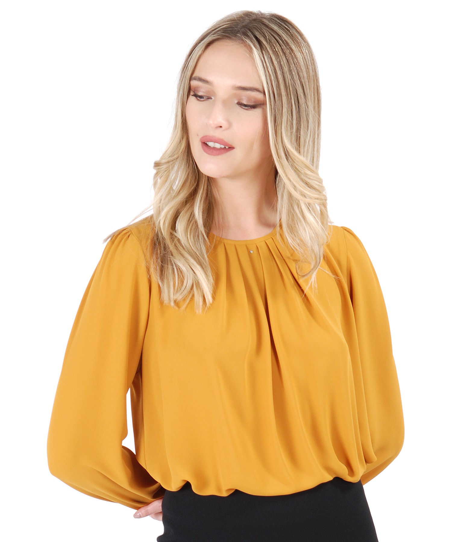 Blouse with folds on decolletage embellished with crystals mustard