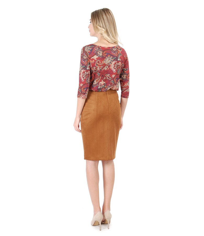Printed elastic jersey blouse with fabric skirt and velvet look