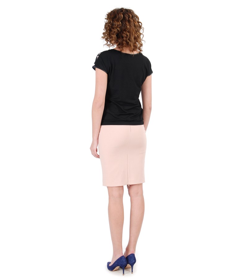 Elegant outfit with midi skirt and blouse with floral print
