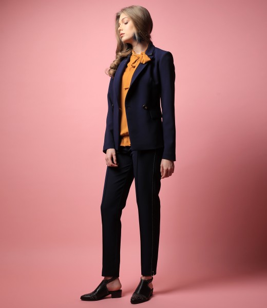 Office outfit with jacket, elastic fabric pants and blouse with scarf collar