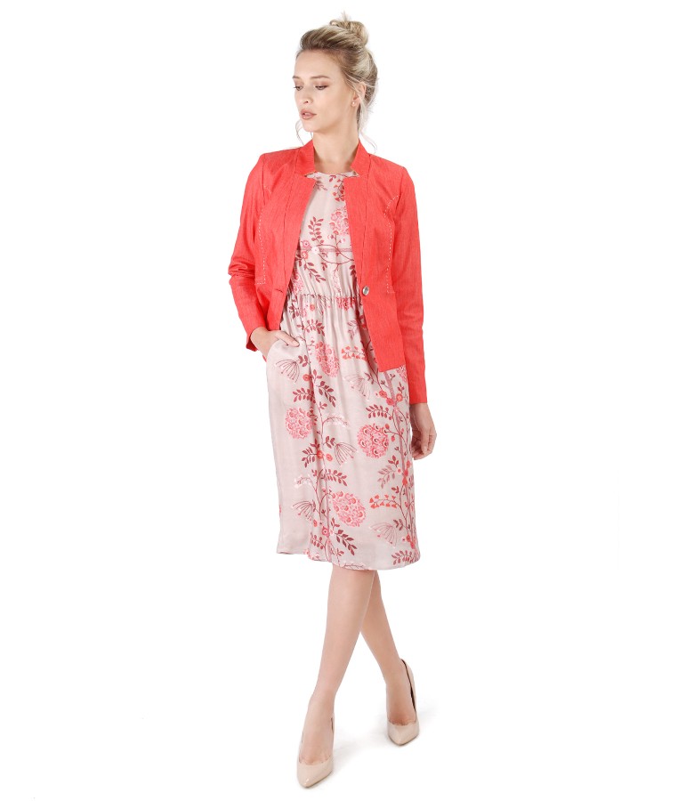 Elegant outfit with cotton jacket denim style and dress with floral print
