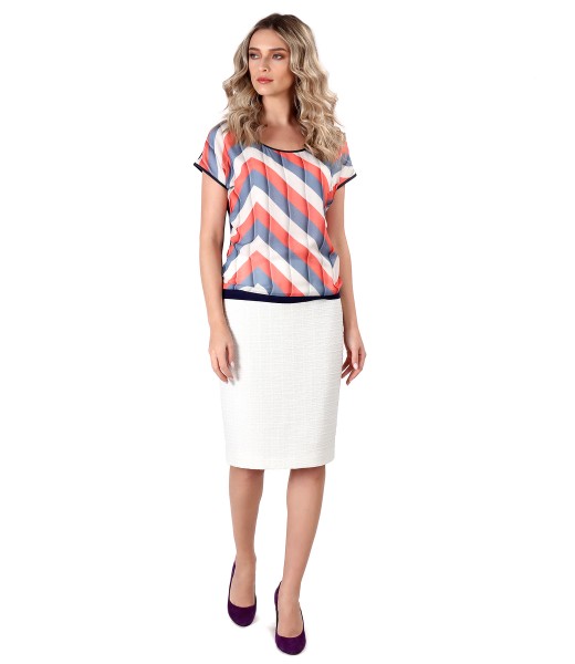 Office outfit with blouse with stripes and skirt made of loops