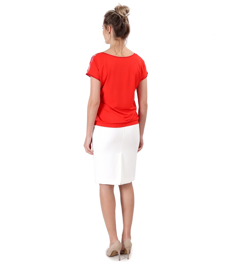Blouse with printed veil front and tapered skirt