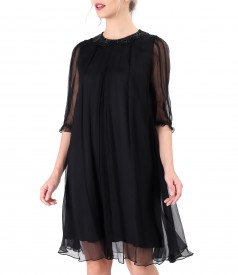 Silk voile dress with round collar with beads