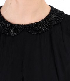 Silk voile dress with round collar with beads