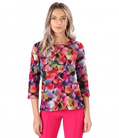 Blouse made of thick elastic jersey printed with floral motifs