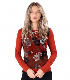 Elastic jersey blouse with brocaded velvet front