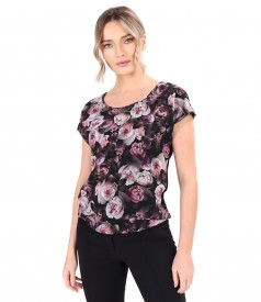 Blouse with veil front printed with floral motifs