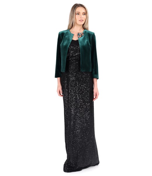Elegant outfit with long sequin dress and velvet bolero