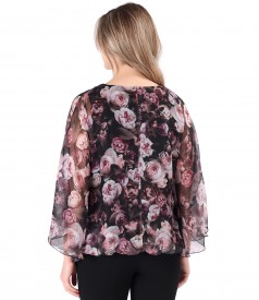 Butterfly blouse made of veil printed with floral motifs