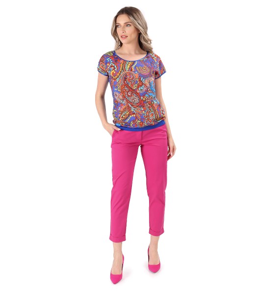 Printed viscose blouse with stretch cotton pants
