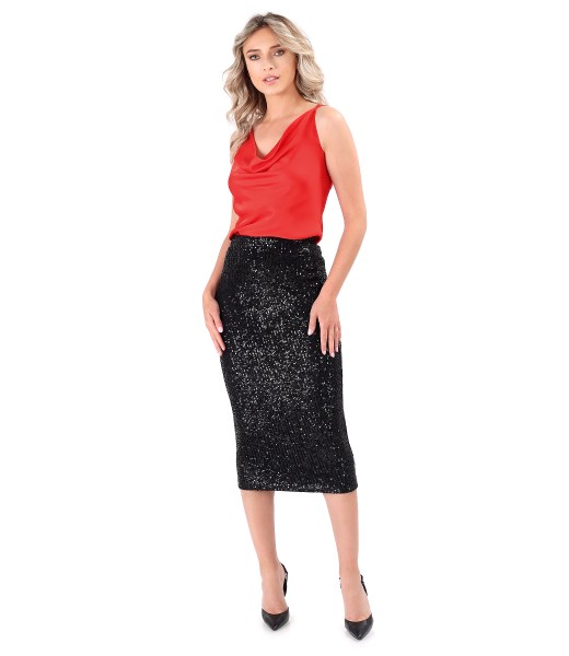 Evening outfit with sequin midi skirt and viscose satin blouse