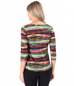Elastic jersey blouse printed with geometric motifs