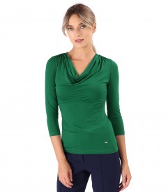Elastic jersey blouse with pleated neckline