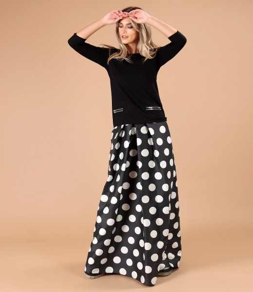 Jersey blouse with decorative flaps and long skirt with polka dots
