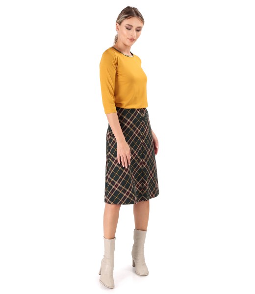 Plaid flared skirt with elastic jersey blouse