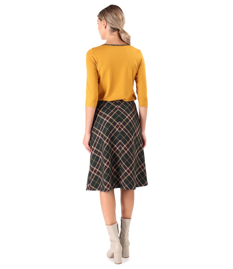 Plaid flared skirt with elastic jersey blouse