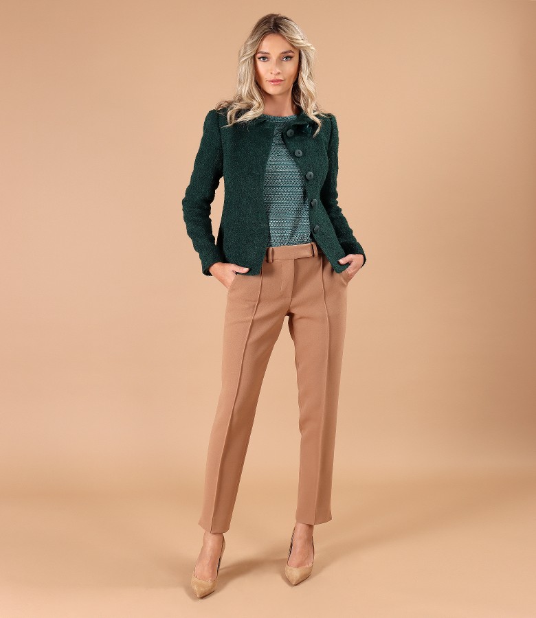 Office outfit with pants made of thick elastic fabric with a jacket made of curls