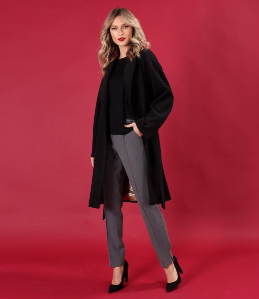 Office outfit with overcoat made of thick viscose fabric and ankle pants