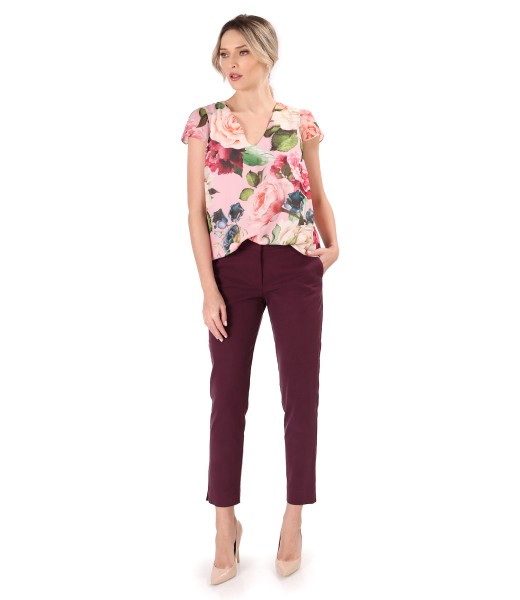 Veil blouse printed with flowers and ankle pants