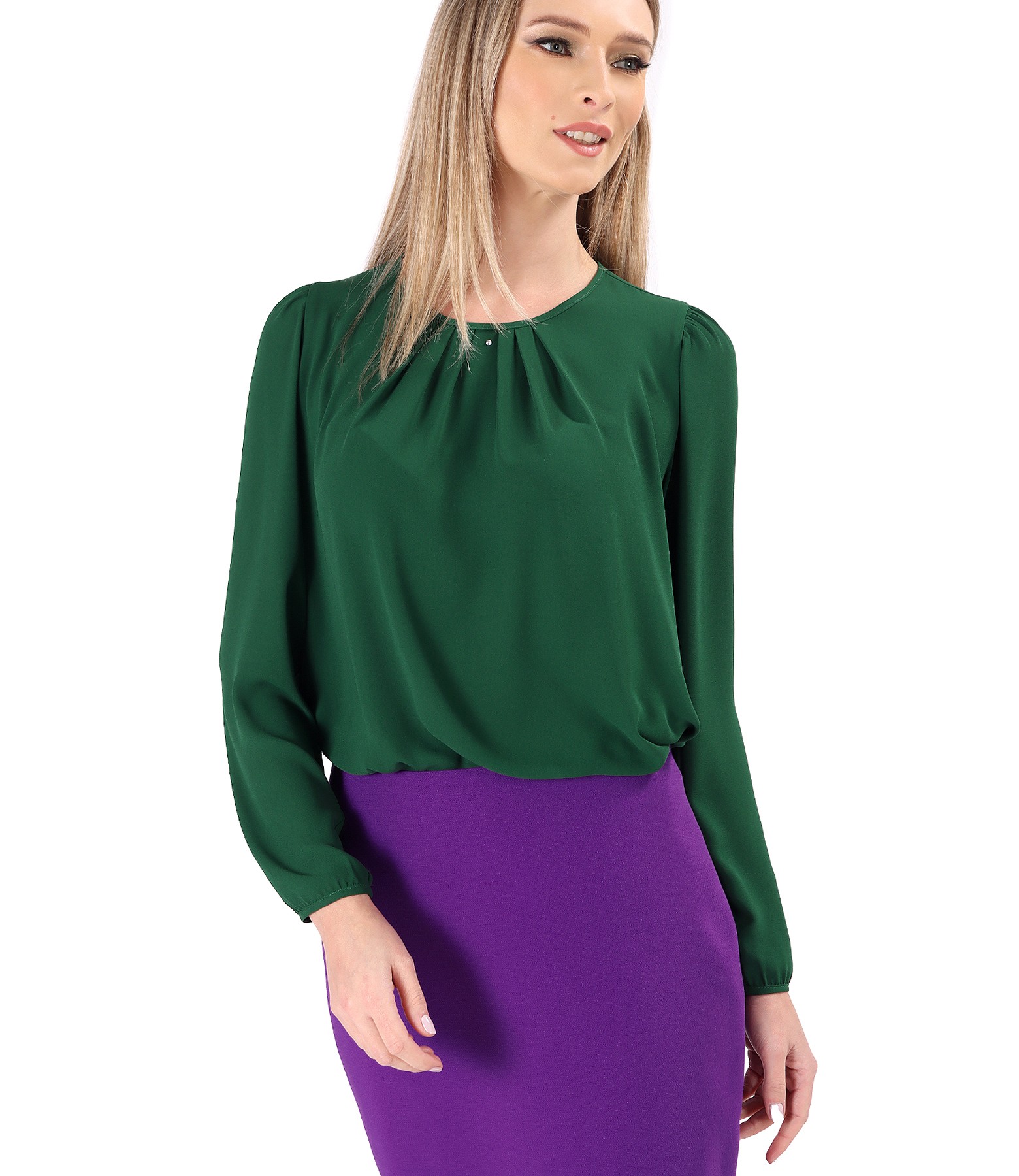 Blouse with folds on decolletage embellished with crystals green - YOKKO
