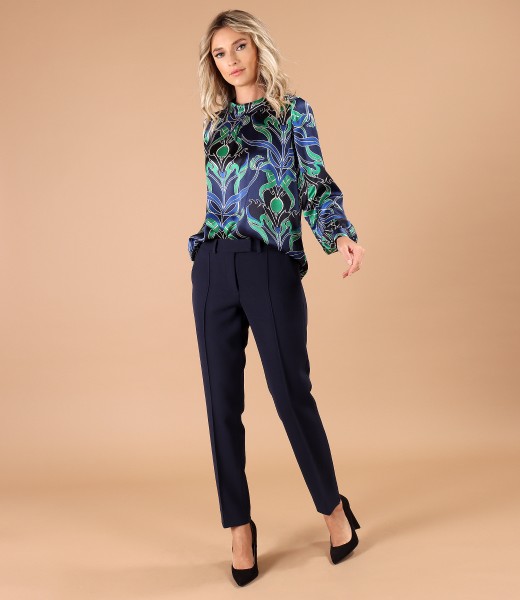 Elegant outfit with natural silk blouse and ankle pants