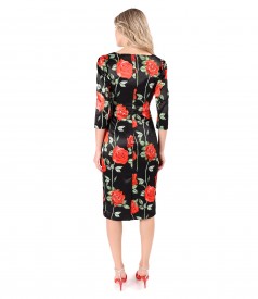 Elegant midi dress in elastic satin with roses