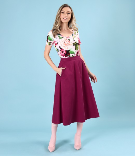 Skirt with blouse in elastic jersey printed with roses