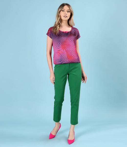 Pants made of tencel with printed satin blouse