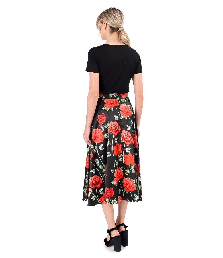 Elastic jersey blouse with satin midi skirt printed with roses