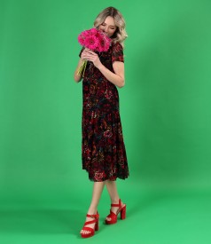 Midi dress in elastic tulle embroidered with velvet with floral motifs