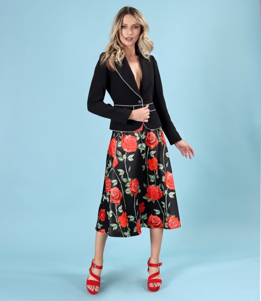 Elastic fabric jacket with satin midi skirt with roses