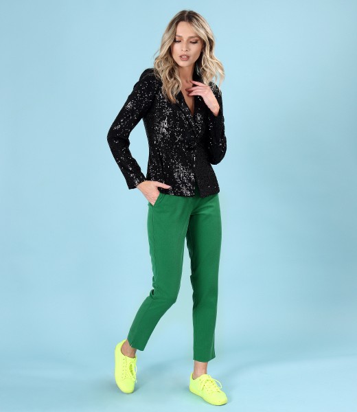 Casual outfit with jacket made of sequins and pants made of tencel with cotton