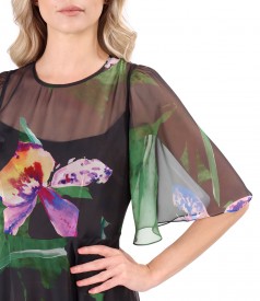 Printed veil midi dress with wide sleeves