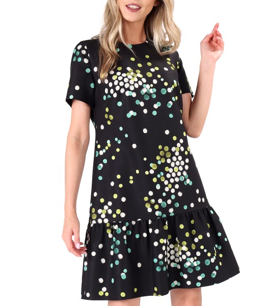 Elegant dress with frill made of elastic fabric printed with polka dots