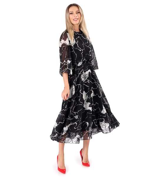 Midi dress made of veil with floral motifs brocade with velvet