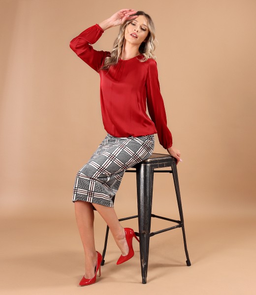 Viscose satin blouse with checkered velvet midi skirt