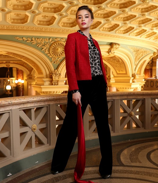 Elegant outfit with wide velvet pants and jacket made of curls with wool and viscose