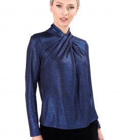 Elastic jersey blouse with glossy effect with pleats at the neckline